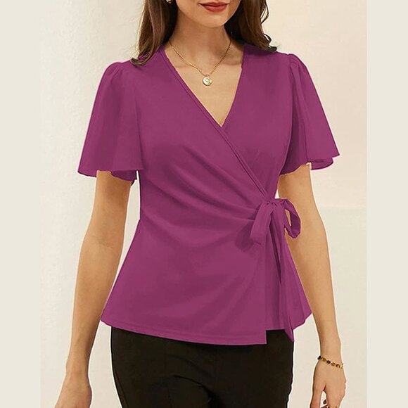 2025 Womens Summer Tops Dressy Business Casual Chiffon Short Sleeve - Picture 2 of 7